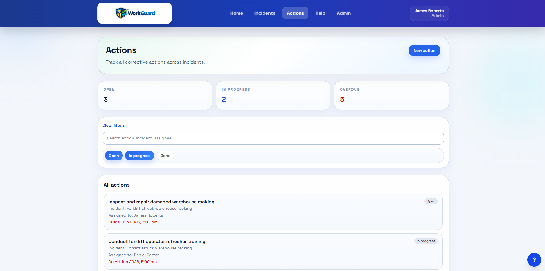 WorkGuard action register showing open and in-progress actions, assigned owners and overdue dates