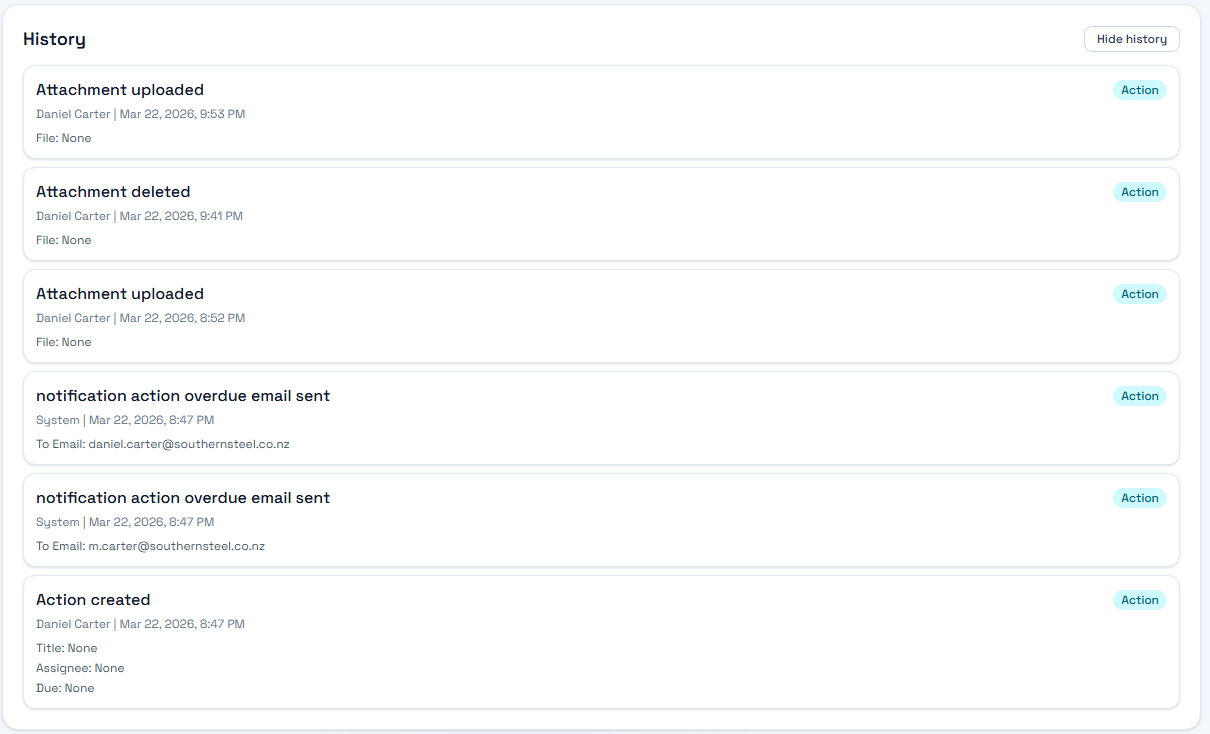 WorkGuard history view showing attachment activity and action timeline entries.